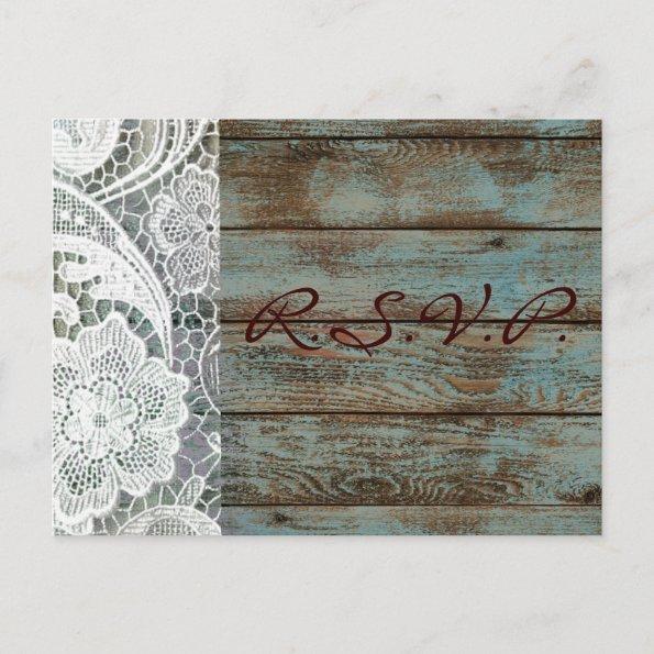 rustic white lace teal barn wood wedding rsvp invitation postInvitations