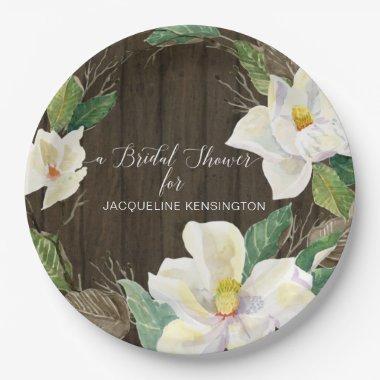 Rustic White Magnolia Watercolor Floral Foliage Paper Plates