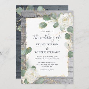 Rustic White Rose Gold Floral Greenery Wedding Invitations