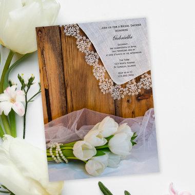Rustic White Tulips Country Barn Bridal Shower Invitations