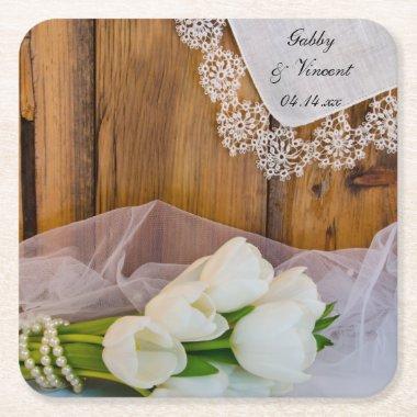 Rustic White Tulips Country Barn Wedding Square Paper Coaster