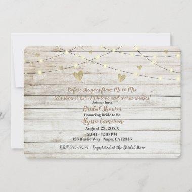 Rustic White Wood Lights & Hearts Bridal Shower Invitations