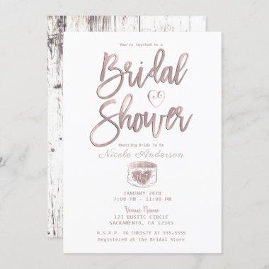 Rustic White Wood Rose Gold Pink Bridal Shower Invitations