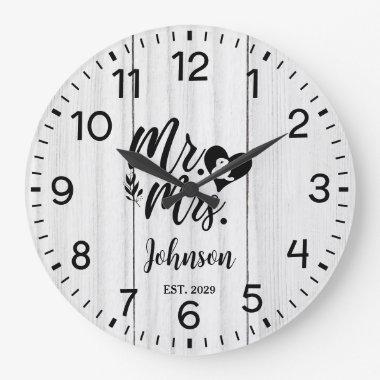 Rustic White wooden Elegant Script Mr & Mrs Large Clock
