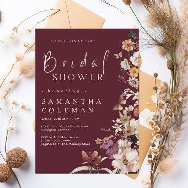 Rustic Wildflower Theme Burgundy Bridal Shower Invitations