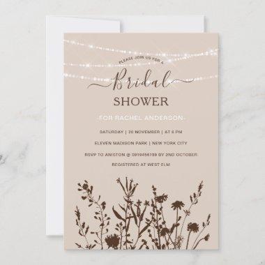 Rustic Wildflowers String Lights Bridal Shower Invitations