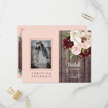 Rustic Wine & Blush Floral Photo Bridal Shower Invitation PostInvitations