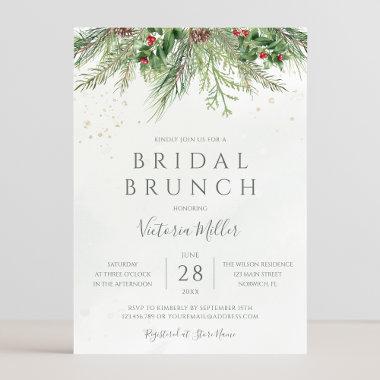 Rustic Winter Berries Pine Greenery Bridal Brunch Invitations