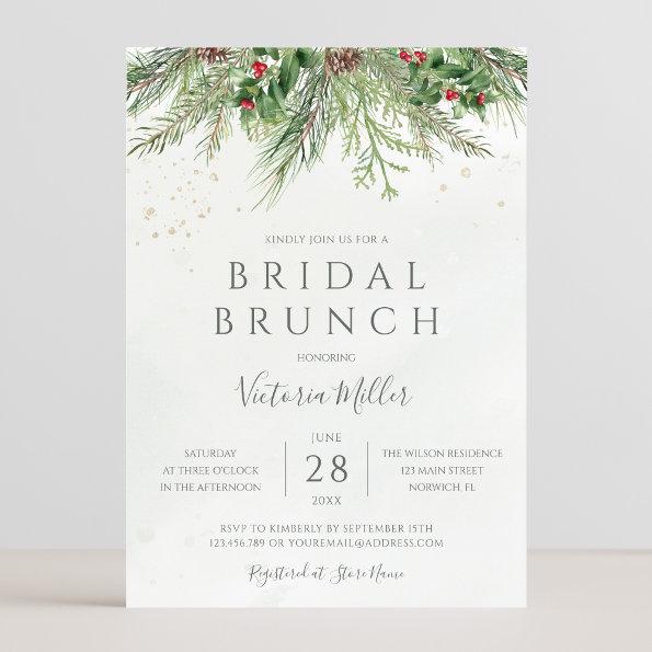 Rustic Winter Berries Pine Greenery Bridal Brunch Invitations