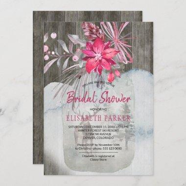 Rustic Winter Floral Barn Wood Bridal Shower Invitations