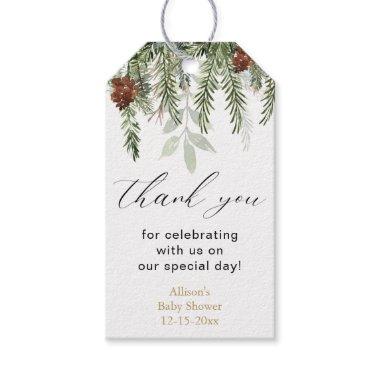 Rustic winter pine trees baby shower thank you fav gift tags