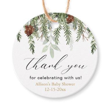 Rustic winter pine trees baby shower thank you favor tags