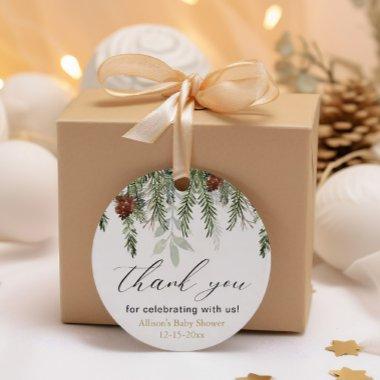 Rustic winter pine trees baby shower thank you favor tags