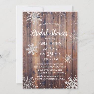 Rustic Winter Snowflakes Barn Wood Bridal Shower Invitations