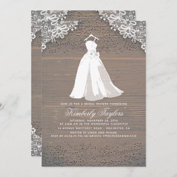 Rustic Wood and Lace | Wedding Gown Bridal Shower Invitations