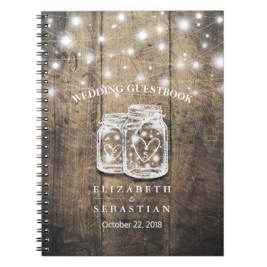 Rustic Wood and Mason Jar Lights Wedding Guestbook Notebook