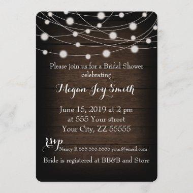 Rustic Wood and String Lights Bridal Shower Invitations