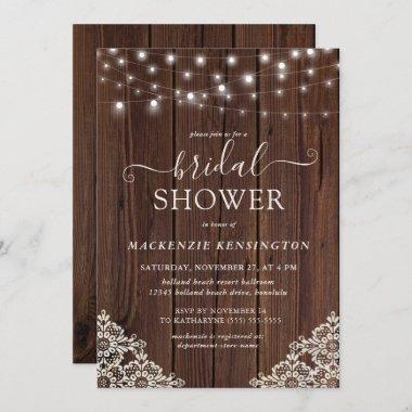 Rustic Wood and String Lights Lace Bridal Shower Invitations