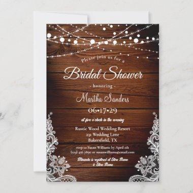 Rustic Wood and String Lights Lace Bridal Shower Invitations