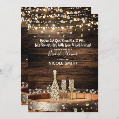 Rustic Wood Barrel Lights Champagne Bridal Shower Invitations