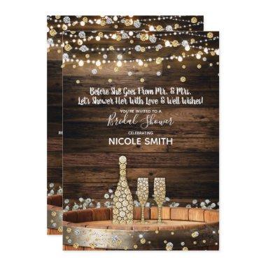 Rustic Wood Barrel Lights Champagne Bridal Shower Invitations