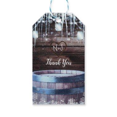 Rustic Wood Barrel & Lights Winter Barn Wedding Gift Tags