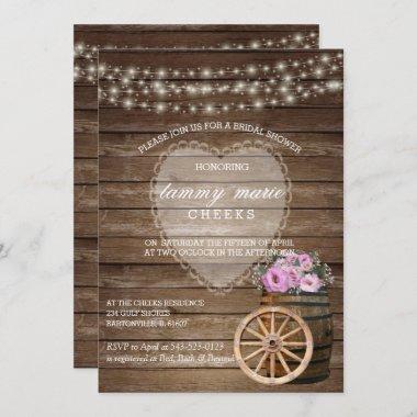 Rustic Wood Barrel Wedding and Pink Flowers Invitations