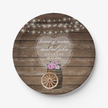 Rustic Wood Barrel Wedding and Pink Flowers Paper Plates