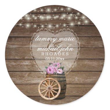 Rustic Wood Barrel Wedding with Pink Flowers Classic Round Sticker