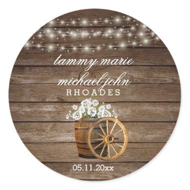 Rustic Wood Barrel Wedding with White Flowers 2 Classic Round Sticker