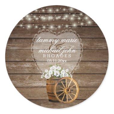 Rustic Wood Barrel Wedding with White Flowers Classic Round Sticker