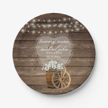 Rustic Wood Barrel Wedding with White Flowers Paper Plates