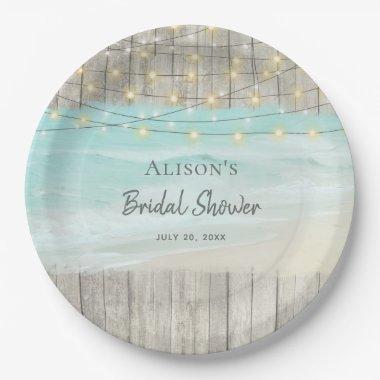 Rustic Wood Beach String Lights Bridal Shower Paper Plates