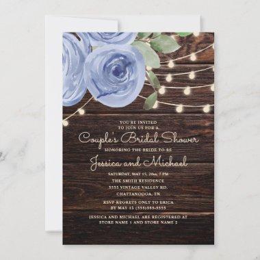 Rustic Wood Blue Floral Couple's Bridal Shower Invitations