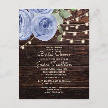 Rustic Wood Blue Floral String Light Bridal Shower Invitations