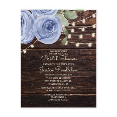 Rustic Wood Blue Floral String Light Bridal Shower Invitations