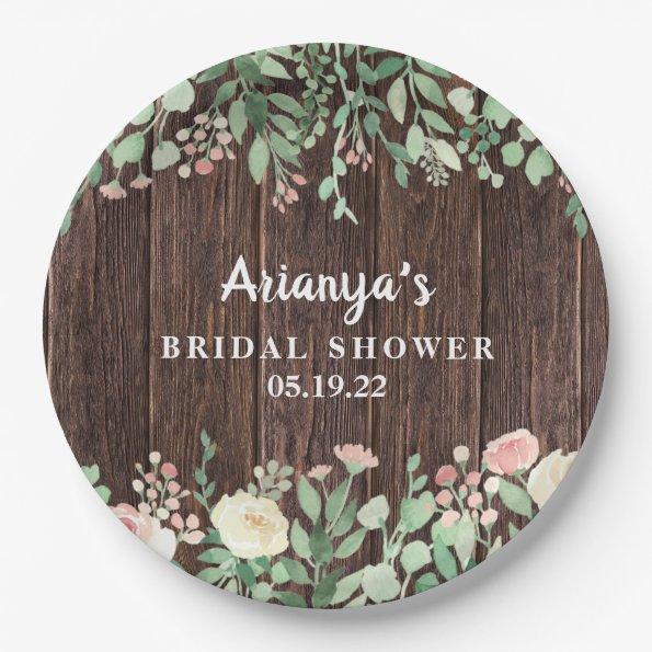 Rustic Wood Blush Floral Bridal Shower Decor Paper Plates