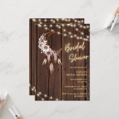 Rustic wood boho string lights bridal shower Invitations