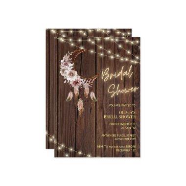 Rustic wood boho string lights bridal shower Invitations