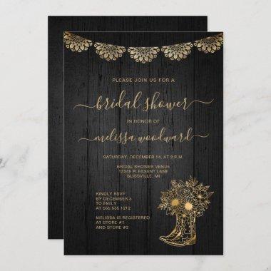 Rustic Wood Boots Lace Black Gold Bridal Shower Invitations