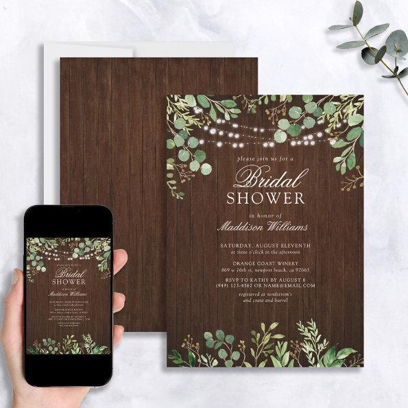 Rustic Wood Botanicals String Lights Bridal Shower Invitations