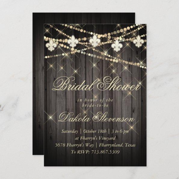 Rustic Wood Bridal Shower | Fleur de Lis Lights Invitations