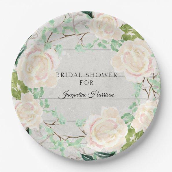 Rustic Wood Bridal Shower Floral Ivory Peach Rose Paper Plates