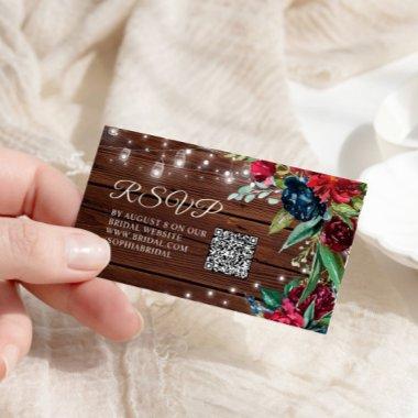 Rustic Wood Burgundy Floral Bridal RSVP QR Code Enclosure