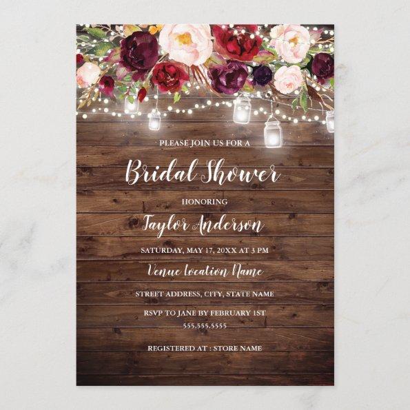 Rustic Wood Burgundy Floral Lights Bridal Shower Invitations