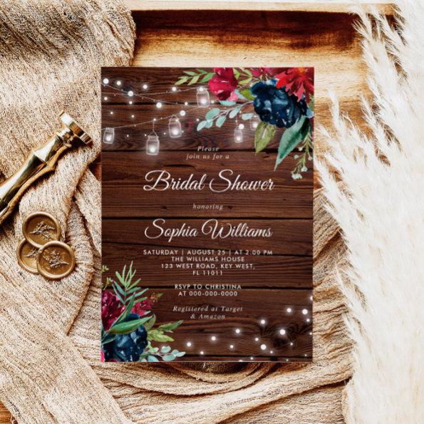 Rustic Wood Burgundy Floral Lights Bridal Shower Invitations