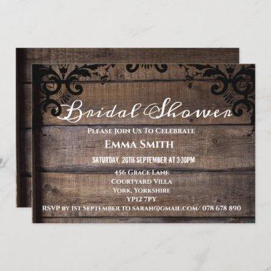 Rustic Wood Damask Floral Bridal Shower Invitations
