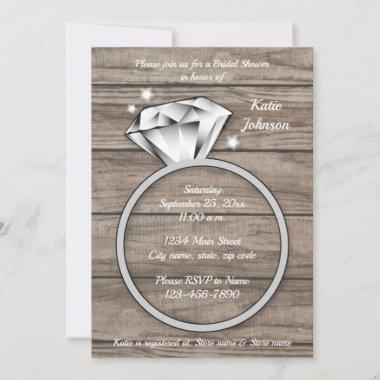 Rustic Wood Diamond Ring Bridal Shower Invitations