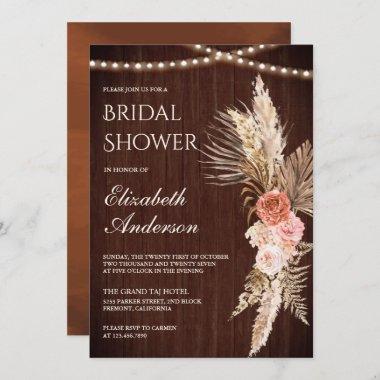 Rustic Wood Earthy Floral Pampas Bridal Shower Invitations