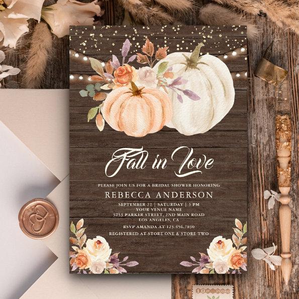 Rustic Wood Earthy Floral Pumpkin Bridal Shower Invitations